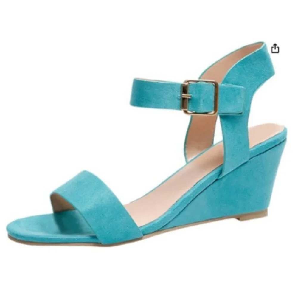 Unbranded Teal Faux Suede Low Wedge Ankle Strap Sandals Size 38 Turquoise
